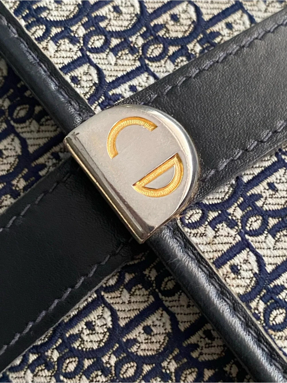 Vintage Christian Dior Clutch Wallet EUC Strap Added Navy Canvas/Leather Bag
